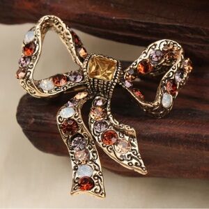 Elegant Gold Bow Brooch with Multicolor  Gemstone Accents NEW in Packaging